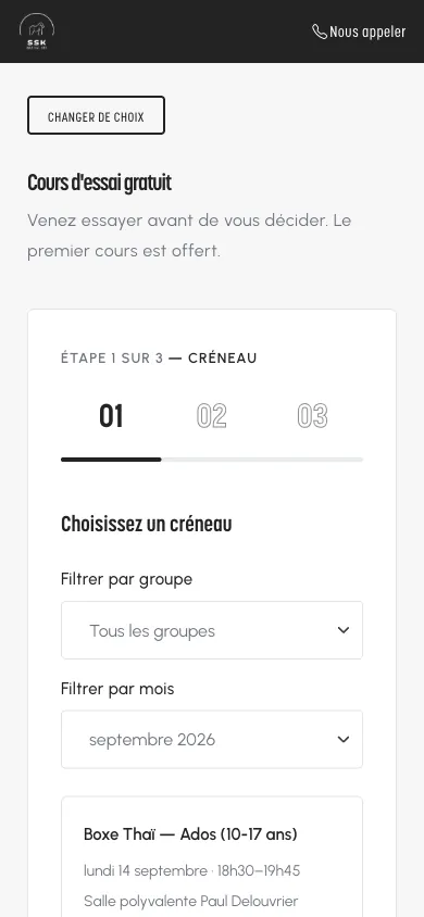 Capture d'écran : Réserver un cours d'essai